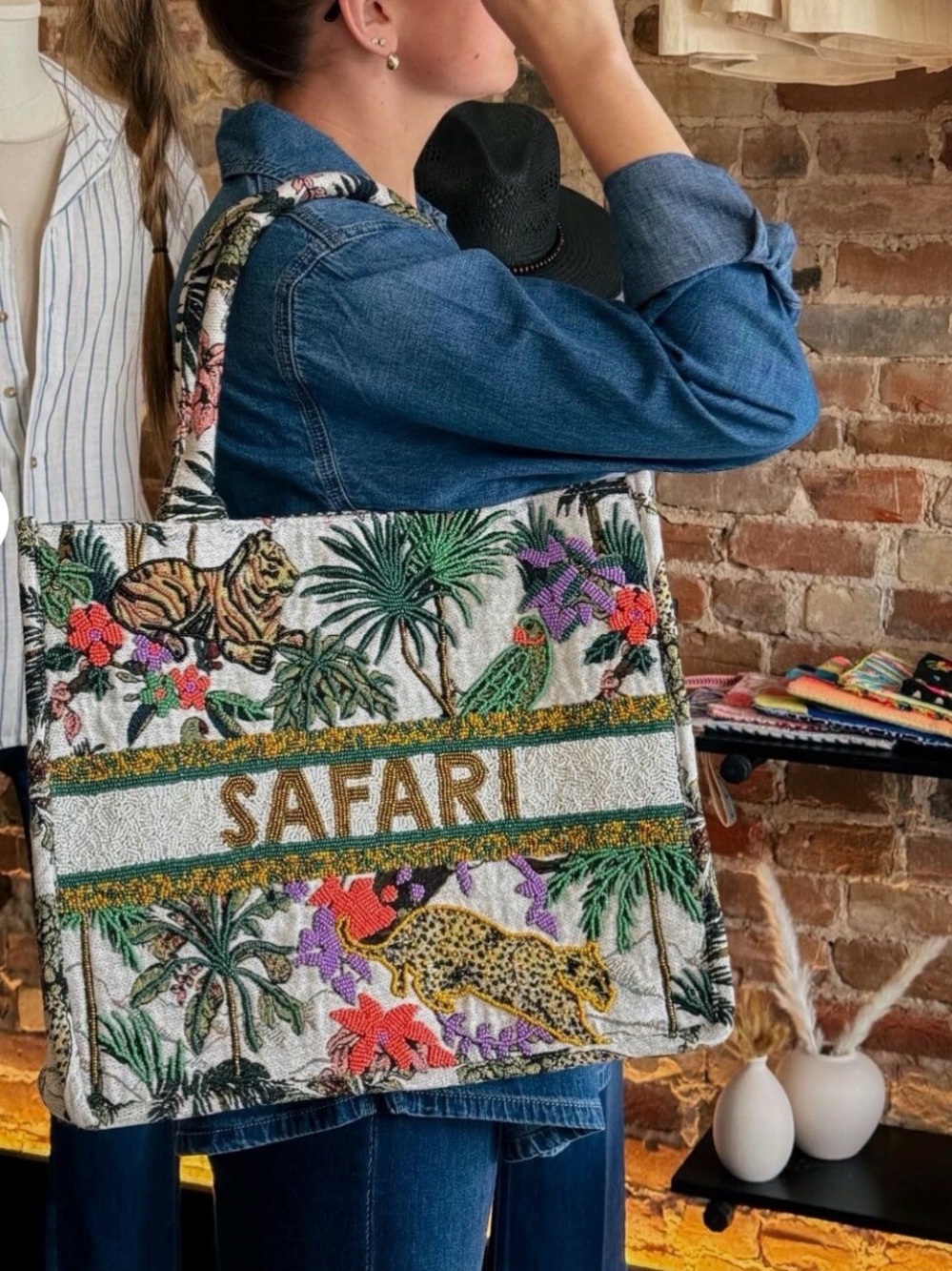 Safari Embroidered Tote Bag - White Multicolor